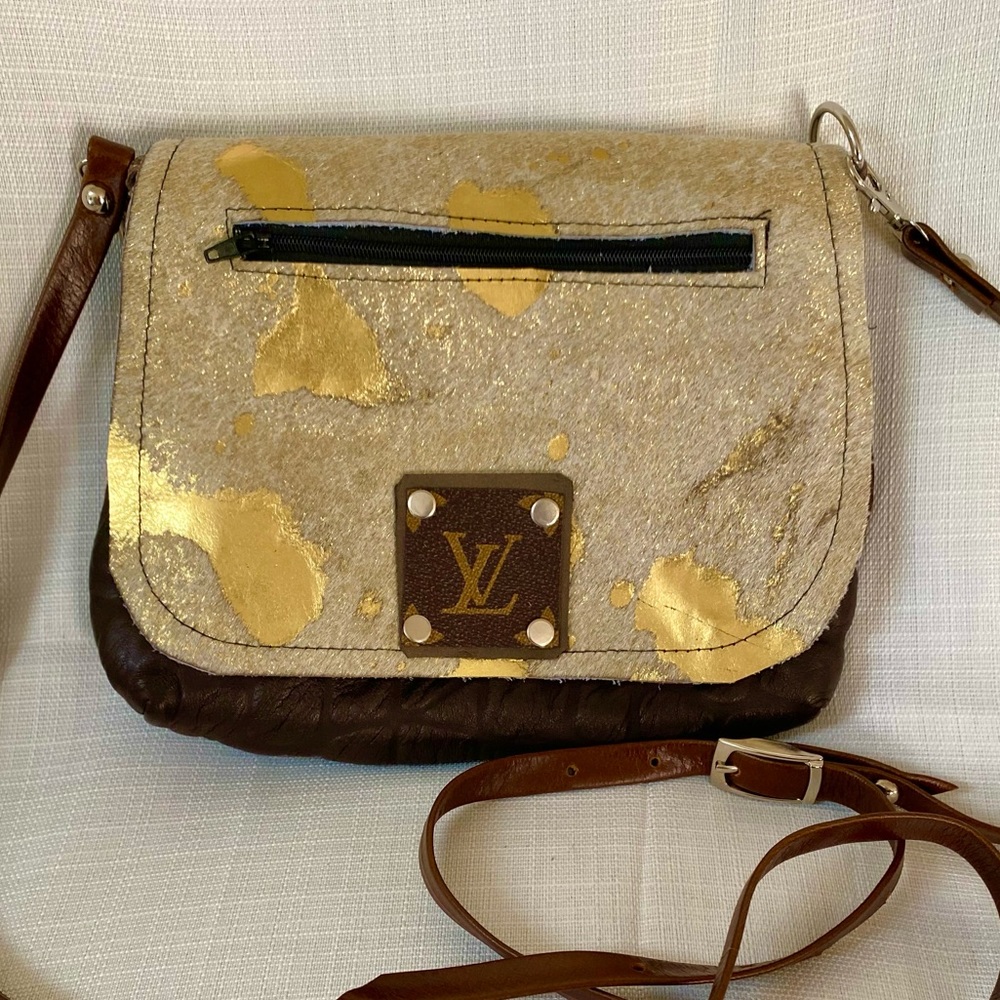 Acid Wash Cowhide Leather Repurposed Crossbody Bag Purse